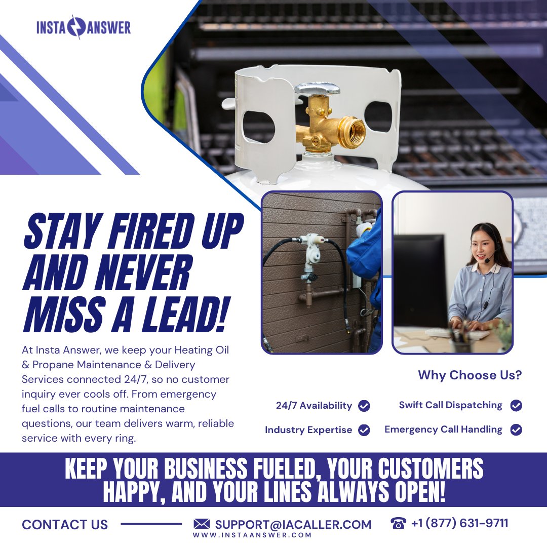 Insta_Answer's tweet image. Keep your customers warm while we keep your phone lines hot! At Insta Answer, we handle every call for your Heating Oil &amp;amp; Propane Maintenance &amp;amp; Delivery business

Call (877) 631-9711 or email us at support@iacaller.com today!

#PropaneRefill #CustomerService #InstaAnswer #Propane