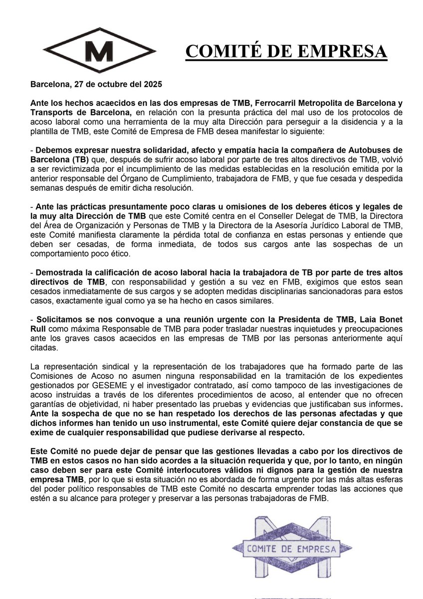 El #ComiteMetroBCN x unanimidad no puede seguir permitiendo la situación q se ha dado con la presunta utilizacion d las comisiones d acoso x parte d la muy alta Dirección d TMB. Abandonamos todas las comisiones d acoso y exigimos el cese d las personas responsables.NOTA DE PRENSA