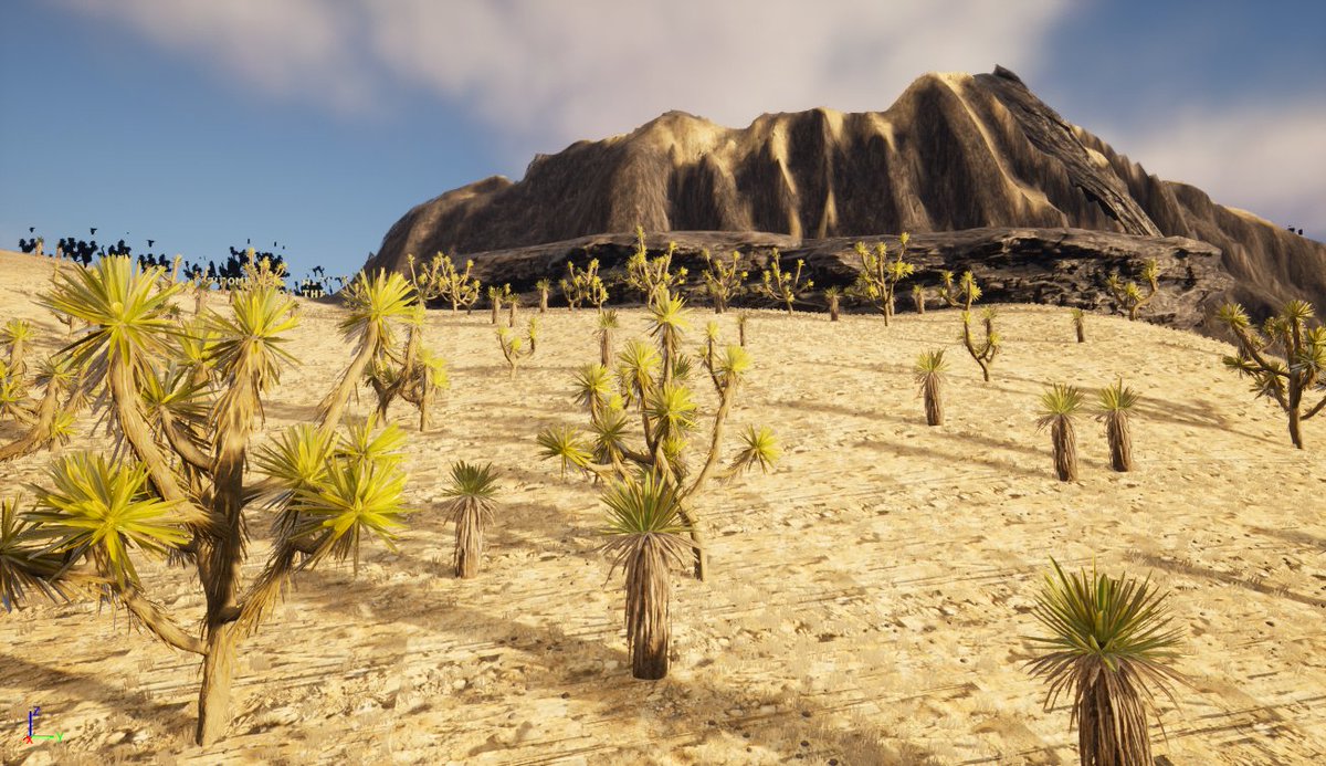 Jmystigan's tweet photo. progress update, worked on more foliage for the desert scene new plants yucca and joshua trees and painted rock cliffs on the mountain, blending the environments biomes.   atlasmoon piranauts. #indiegame #indiegamedev #gamedev #ue5 #pc #genii #showme https://t.co/7KhfrytA6x