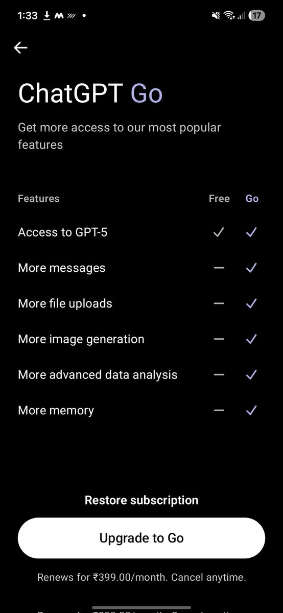 _techverse's tweet image. 🚨 Big news for India! 🇮🇳

OpenAI just announced that ChatGPT Go will be FREE for 1 year for all Indian users starting Nov 4 🗓️🤯

No ₹399/month — just pure AI power⚡️ just full access to AI tools, image generation &amp;amp; memory boost 🚀
Don’t miss this! #ChatGPTGo #OpenAI #India