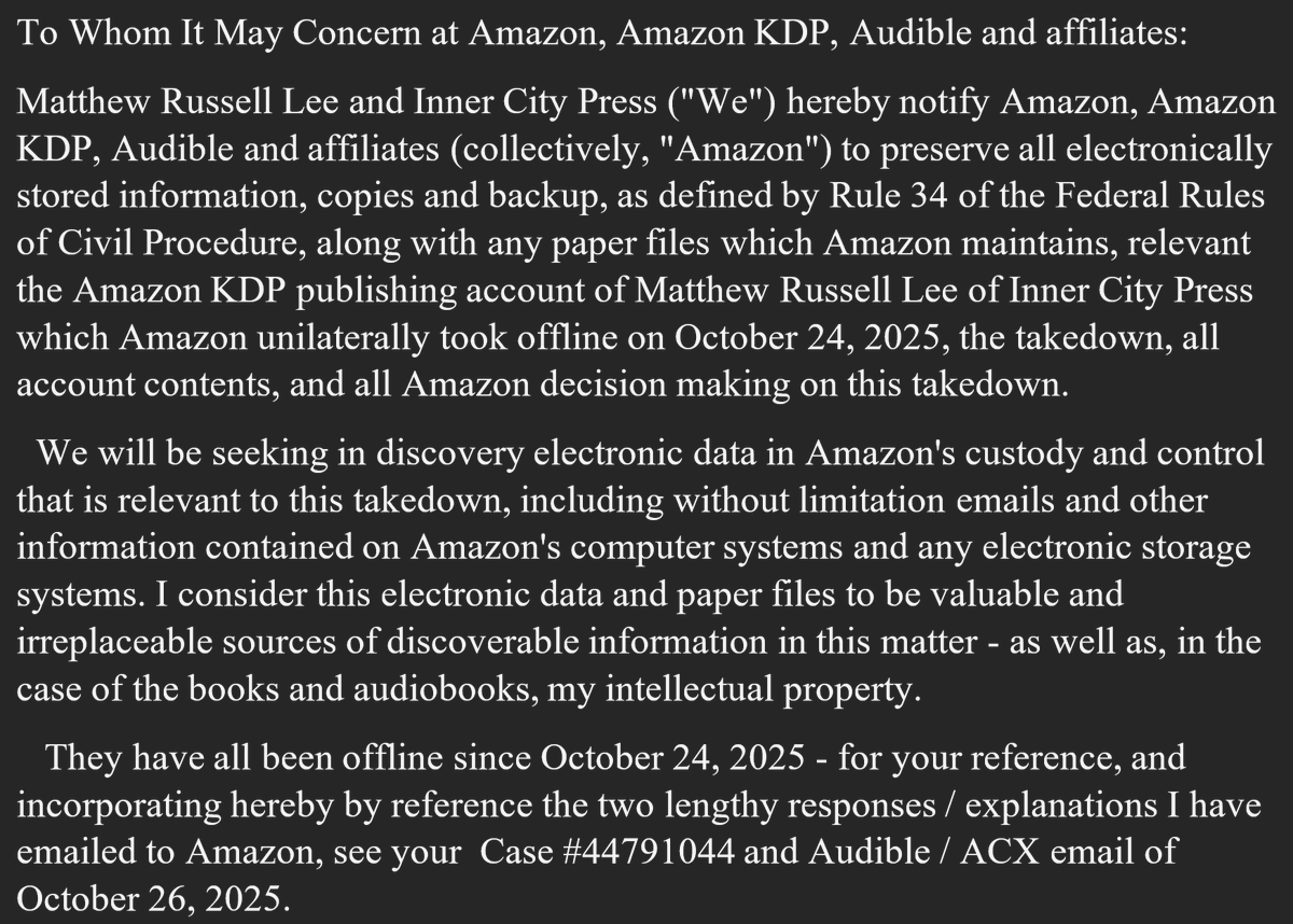 Update: As suggested by <a href="/AmazonHelp/">Amazon Help</a>'s "Heather," despite having already emailed press clips about my court reporting &amp; books to Sivashankar and Vamshi about your Case #44791044, I have used the form provided, including a litigation hold letter cc GC <a href="/DavidZapolsky/">David Zapolsky</a>