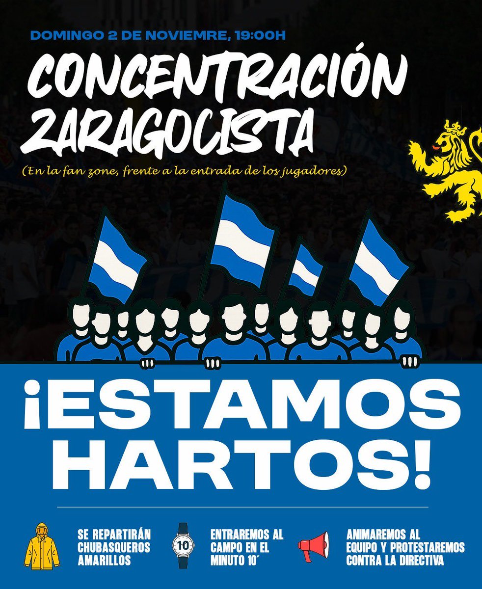 ⚠️ <a href="/gol_pie/">Gol de Pie Real Zaragoza</a> convoca la primera concentración de protesta por la situación del #RealZaragoza para el próximo domingo.

👉🏻 La concentración zaragocista será a las 19:00 en la Fan Zone y proponen entrar al campo en el minuto 10 del partido.
