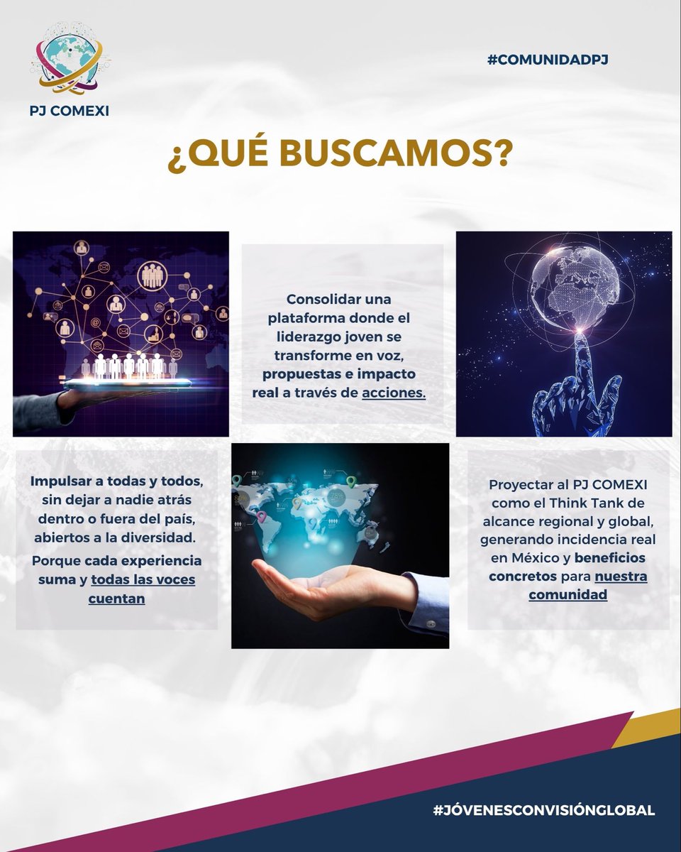 PJCOMEXI's tweet photo. 🌍 Desde la #ComunidadPJ, la Planilla 1 ‘Jóvenes con Visión Global’ impulsa una nueva etapa que apuesta por el #multilateralismo, la #sostenibilidad y la colaboración #intergeneracional. 

#JóvenesConVisiónGlobal #RenovaciónPJ #COMEXIGlobal https://t.co/JVX4Ht7TzC