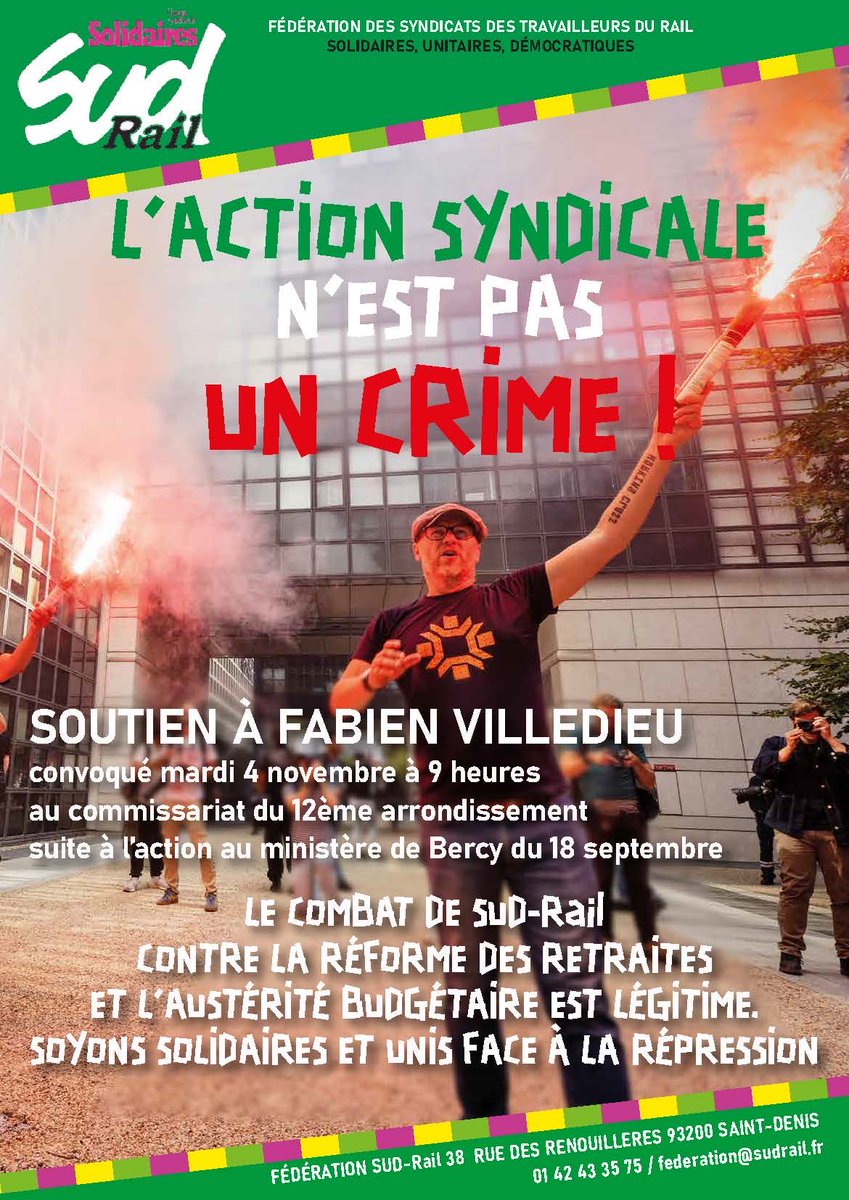 😡 L’action #syndicale n’est pas un crime ! 

✊ Soutien à notre camarade et secrétaire fédéral Fabien est convoqué au commissariat du 12eme arrondissement de #Paris suite à une action collective à #Bercy le #18septembre. 

🔴 Rendez-vous le #4novembre à 9h devant le