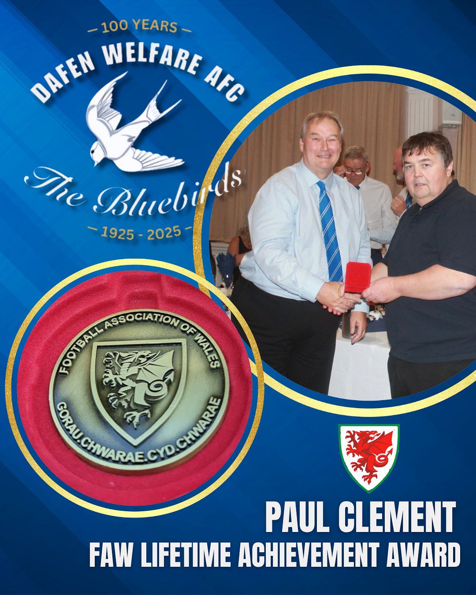 🏆 Huge congratulations to Paul Clement, honoured with the FAW Lifetime Achievement Award at our Centenary Dinner! 🎉

Since joining Dafen in 1984, Clem’s shown unmatched passion, leadership &amp; loyalty. 💙

A true club legend — thank you, Clem! 👏⚽ #Dafen #FAW #GrassrootsFootball