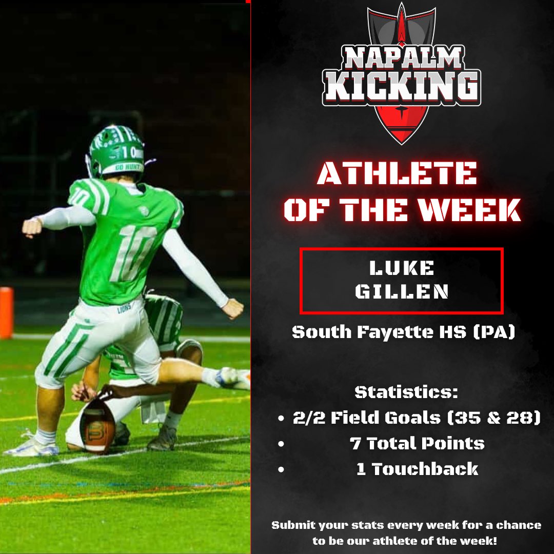 Congrats to this week’s Athlete Of The Week, Luke Gillen! <a href="/luke_gillen10/">Luke Gillen</a> 

In his last varsity game of his HS career, Luke hit 2 crucial field goals to help his team battle for a playoff spot. While I am sad to see he won’t play another HS game, I’m proud of the work he’s put in