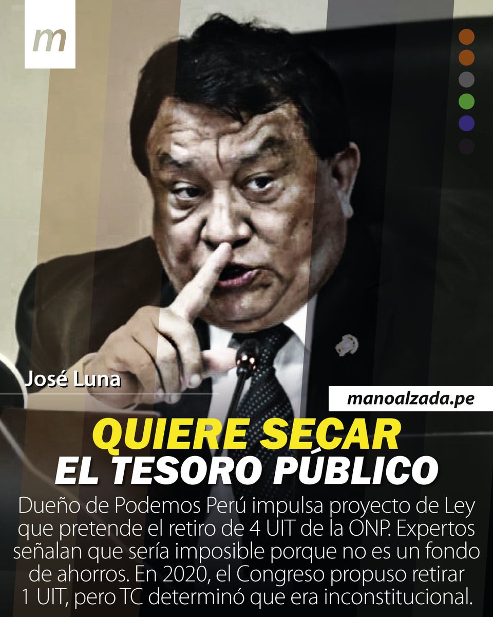 #ALERTA 🚨Presentan proyecto de Ley, respaldado por José Luna (Podemos Perú), para retiro de 4 UIT de la ONP. ➡️ Aportes de trabajadores se usa cada mes para pensiones de #jubilados. Si se aprueba algún retiro, el dinero saldría del Tesoro Público y no de la #ONP.  ✍️ Comenta.