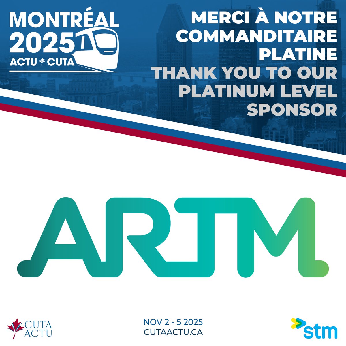 👏 We wish to express our sincere gratitude to our Platinum Level Sponsor @ARTM_quebec, for their generous support of our upcoming Annual Conference and Transit Show, taking place this November in Montréal. Your commitment is essential to the success of our events.

---

👏 Nous