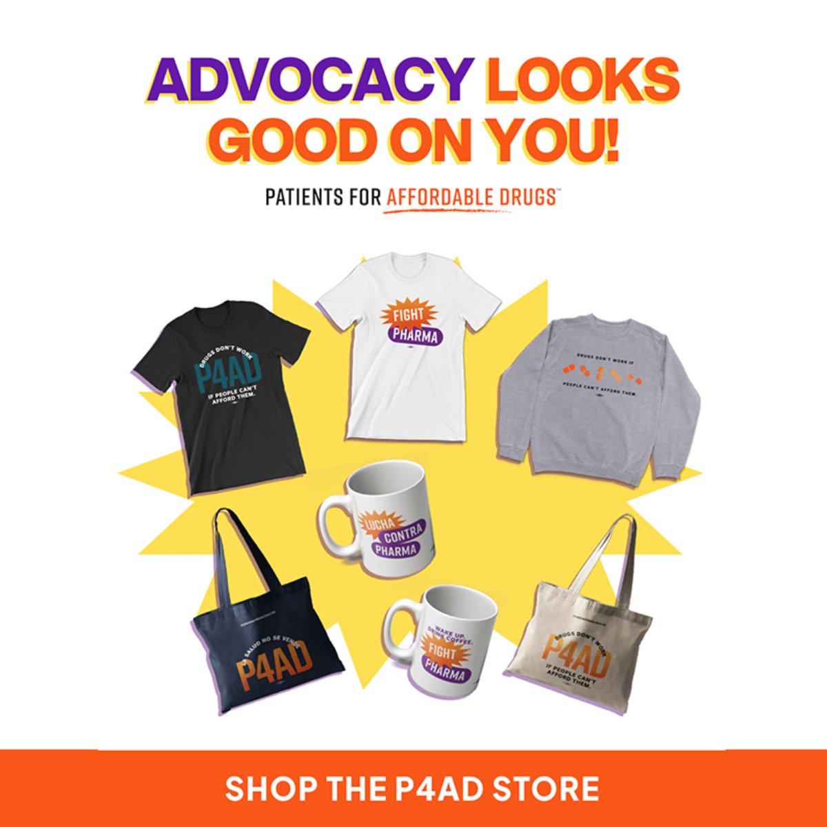 P4AD_'s tweet image. 🆕 BIG NEWS! 🆕

Are you looking for an easy way to be part of P4AD’s fight for affordable medicine? Now you can help fuel the travel, training, and organizing that gets patients face-to-face with the people in power all with the click of a button! 

Every purchase from our new…
