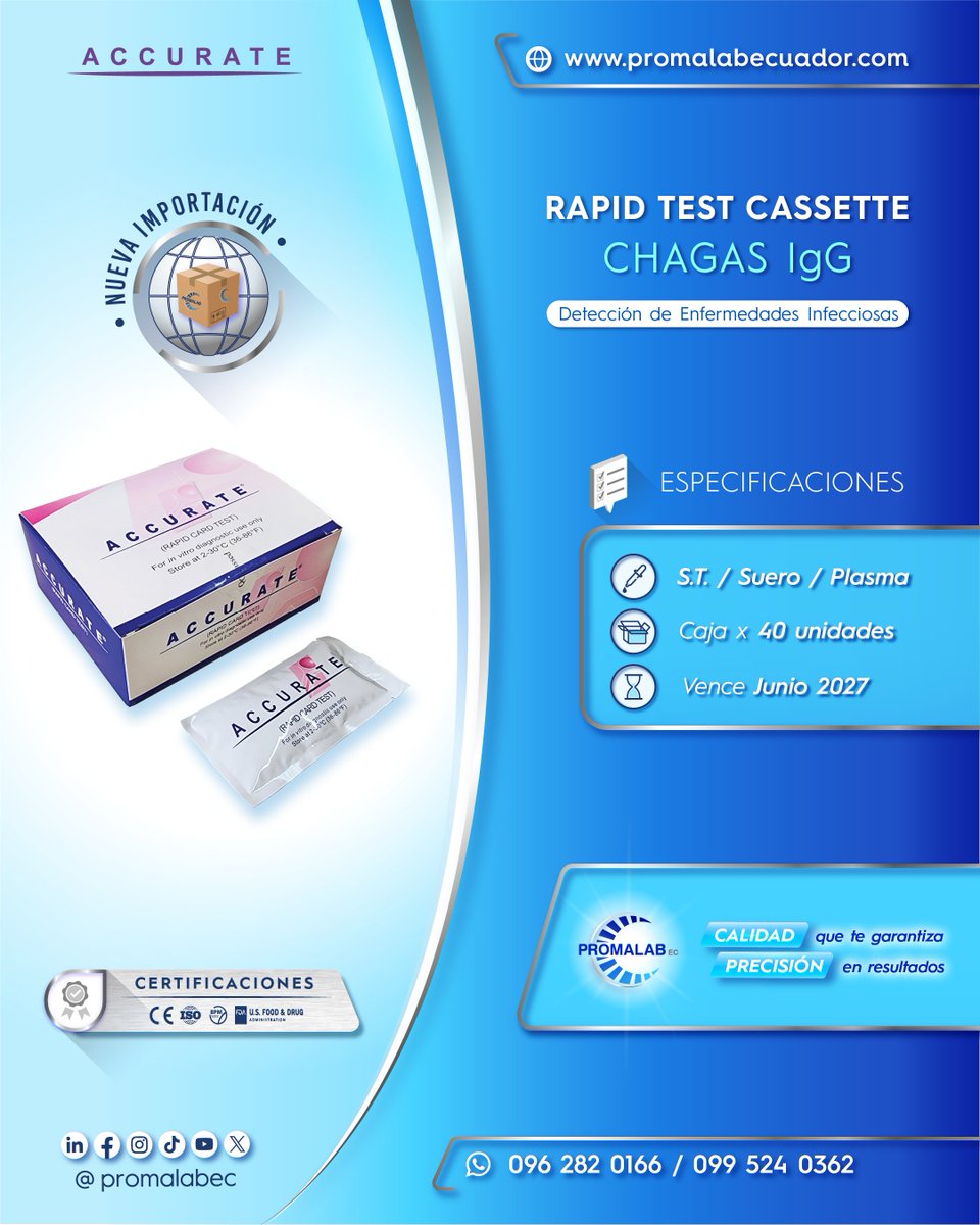 promalab_ec's tweet image. 📦 ¡𝗡𝗨𝗘𝗩𝗔 𝗜𝗠𝗣𝗢𝗥𝗧𝗔𝗖𝗜Ó𝗡! 💫 Ya llegaron nuestras Pruebas Rápidas de 𝗖𝗛𝗔𝗚𝗔𝗦 en la marca 🟣 #Accurate.
---
#laboratorioclinico #laboratoristas #rapidtest #reactivos #bioquimica #microbiologia #equiposmedicos #promalabec