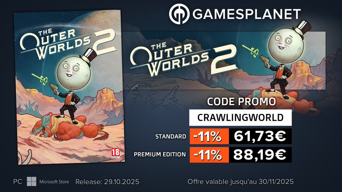 Gamesplanet aligne mes planètes et me permet de vous streamer The Outers Worlds 2 demain! Quelle bonne étoile! Meilleur site pour acheter un JV de la galaxie!
ᵠᵘᶦ ᵛᵉᵘᵗ ᵛᵒᶦʳ ᵐᵒⁿ ᵗʳᵒᵘ ⁿᵒᶦʳˀ

Il est dispo à -11% avec le code CRAWLINGWORLD : fr.gamesplanet.com/game/the-outer…