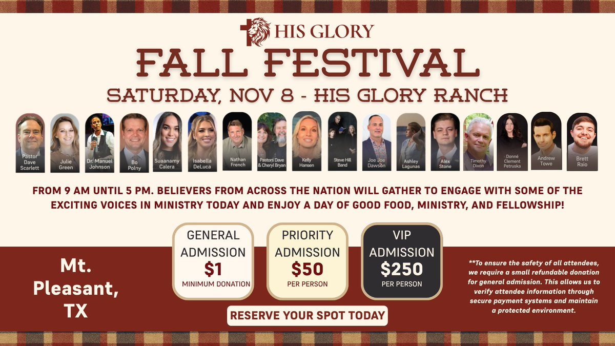 JulieGMinistry's tweet image. His Glory presents - FALL FESTIVAL

Saturday, November 8, 2025, Mount Pleasant, TX

Engage with some of the exciting voices in ministry today and enjoy a day of good food, ministry, and fellowship! Bring your shofar as we lift a mighty call to worship, repentance, victory, and…