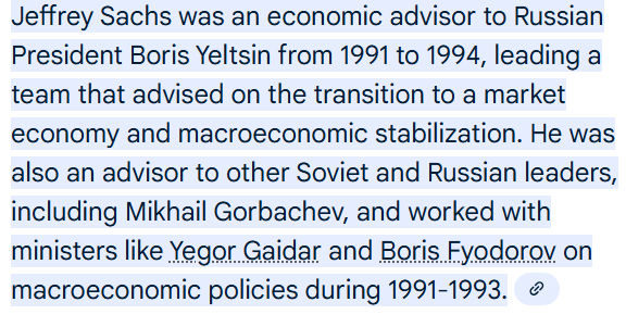 Oh there is a reason why he doesn't «stick to  economics»
As an economist Sachs has direct hand in why Russia is like that today  
He and Gaidar used «Shock Therapy» as a marketing slogan to oversee the biggest wealth transfer in history, with the KGB clique as main beneficiary.