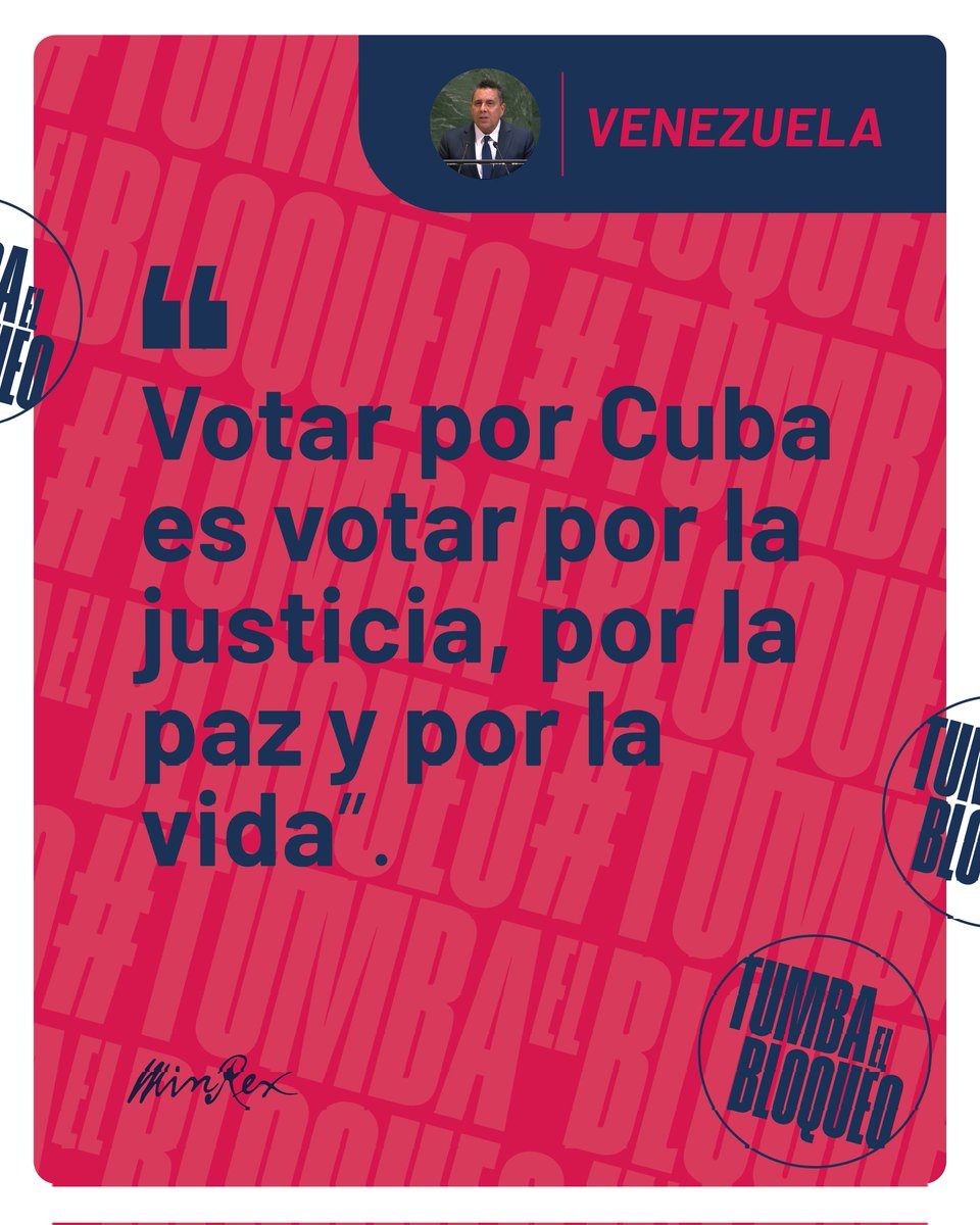 #Venezuela🇻🇪, firme respaldo a #Cuba🇨🇺 hoy nuevamente en la Asamblea General de las Naciones Unidas <a href="/ONU_es/">Naciones Unidas</a> frente al bloqueo económico, comercial y financiero impuesto por el Gobierno de Estados Unidos 

#TumbaElBloqueo
