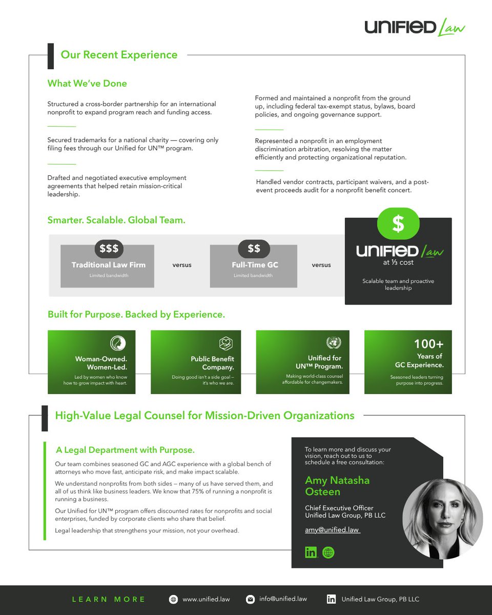 unifiedlaw's tweet photo. We’re doubling down on impact.

At Unified Law, a public benefit legal support firm, we believe world-class legal support should be accessible to the organizations driving change. That’s why we’re excited to announce a major expansion of our Unified for UN™ program 💚 https://t.co/vFJrERGzsH