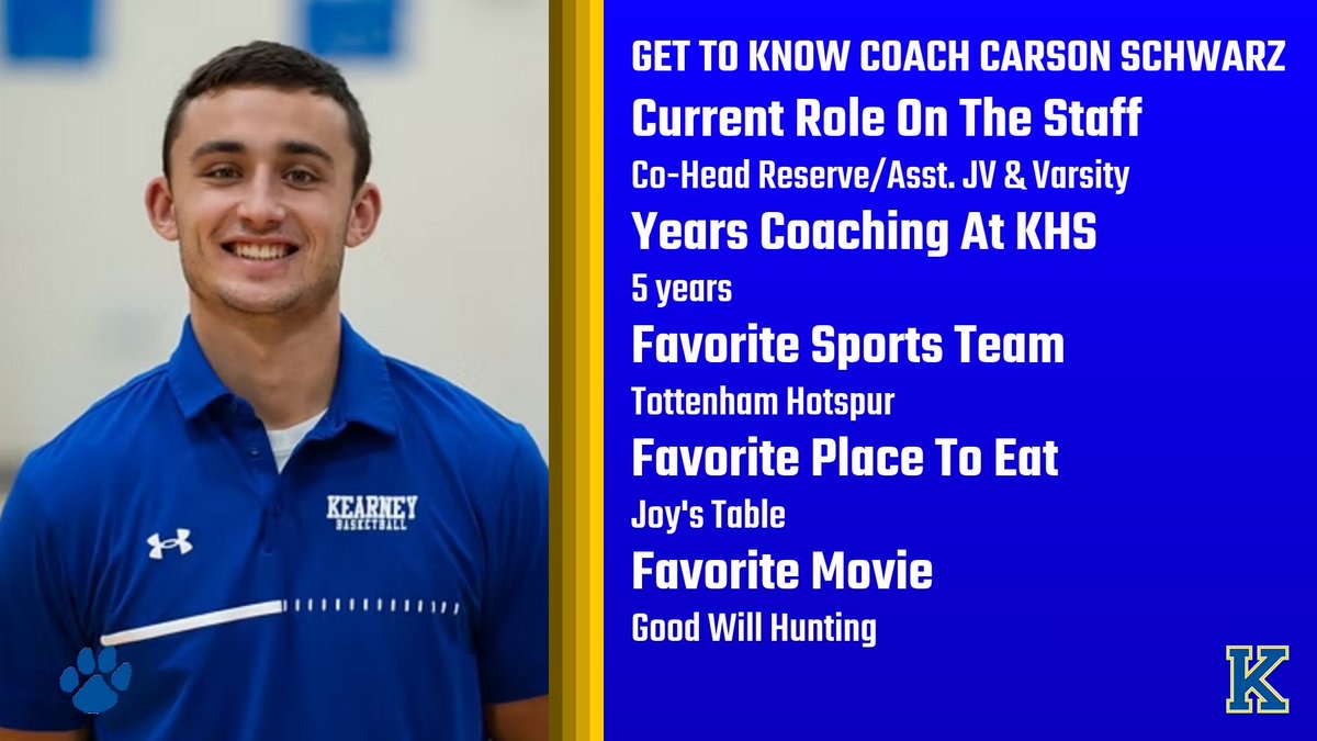 🔹Get to Know the Coaches🔹

Next up: Carson Schwarz — a 2019 Kearney High graduate and proud former Bearcat. He serves as a Reserve Coach &amp; Assistant for the JV and Varsity teams. Check out the graphic below to learn more about Coach Schwarz👇🏻

#BearcatBuilt #KearneyBasketball