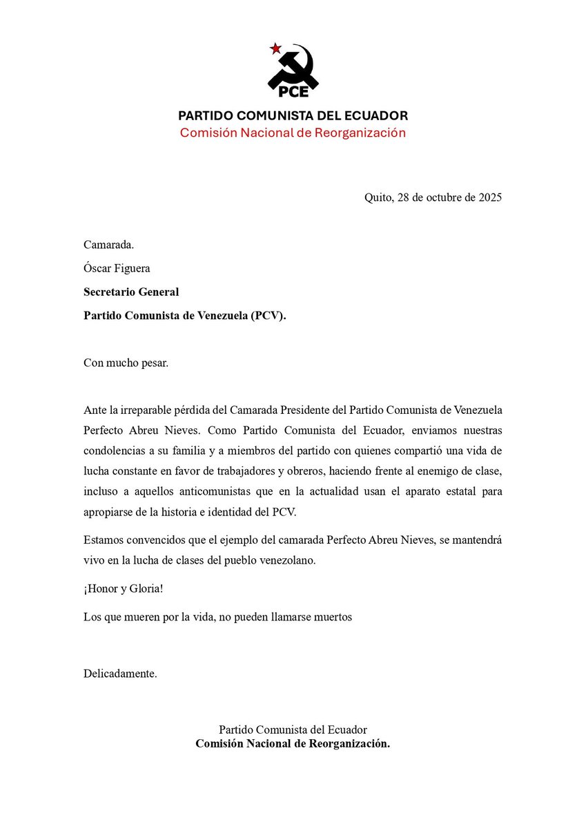 🌼 Extendemos nuestro comunicado de pesar el Partido Comunista de Venezuela (<a href="/PCV_Venezuela/">Partido Comunista de Venezuela ☭</a>) ante el fallecimiento de su presidente, el c. Perfecto Abreu. Ante este momento de dolor,  enviamos nuestras condolencias. 

Que el ejemplo del camarada perdure en cada lucha.