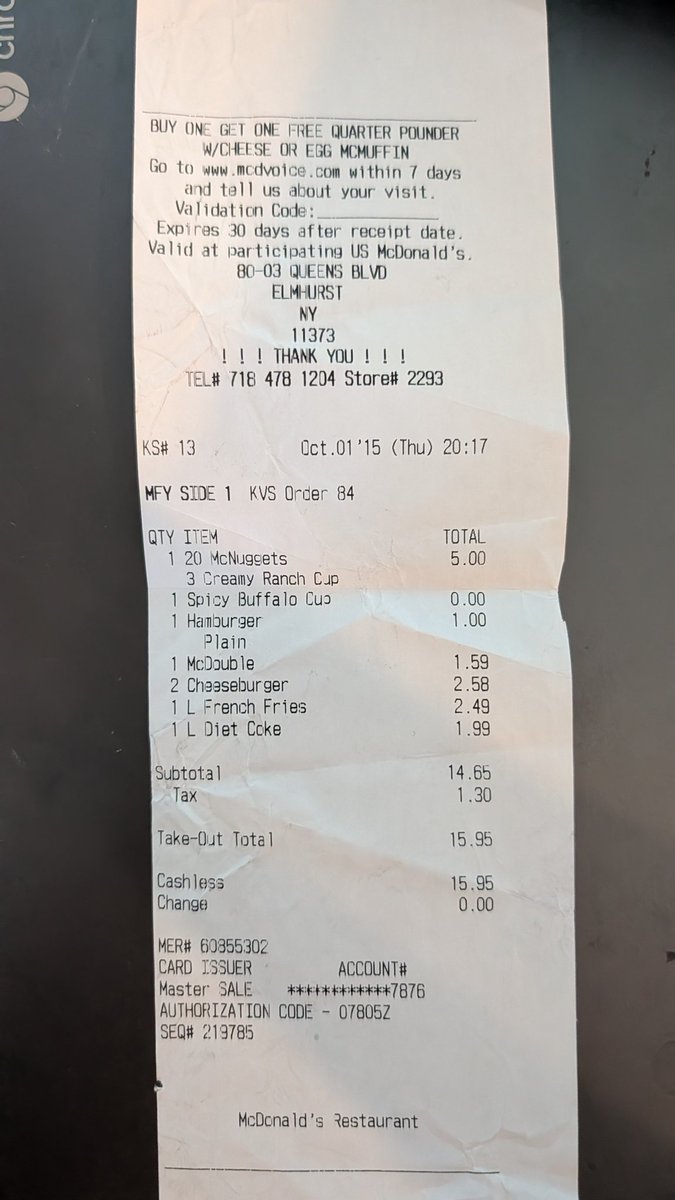 What <a href="/McDonalds/">McDonald's</a> used to cost in 2015, and evidence I did live in NY.