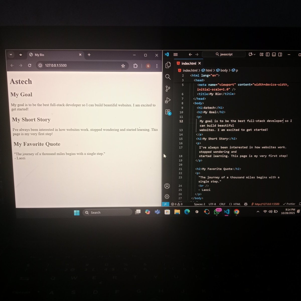 asteech_web3's tweet image. DAY 1 – HTML Skeleton &amp;amp; Structure

Focused on learning the basics first; &amp;lt;!DOCTYPE html&amp;gt;, &amp;lt;html&amp;gt;, &amp;lt;head&amp;gt;, &amp;lt;body&amp;gt;, headings, paragraphs, line breaks

 Learnt document flow, nesting, indentation, proper tag closing.

Built my first web page;  “My Bio Page” with  name, goal, short…