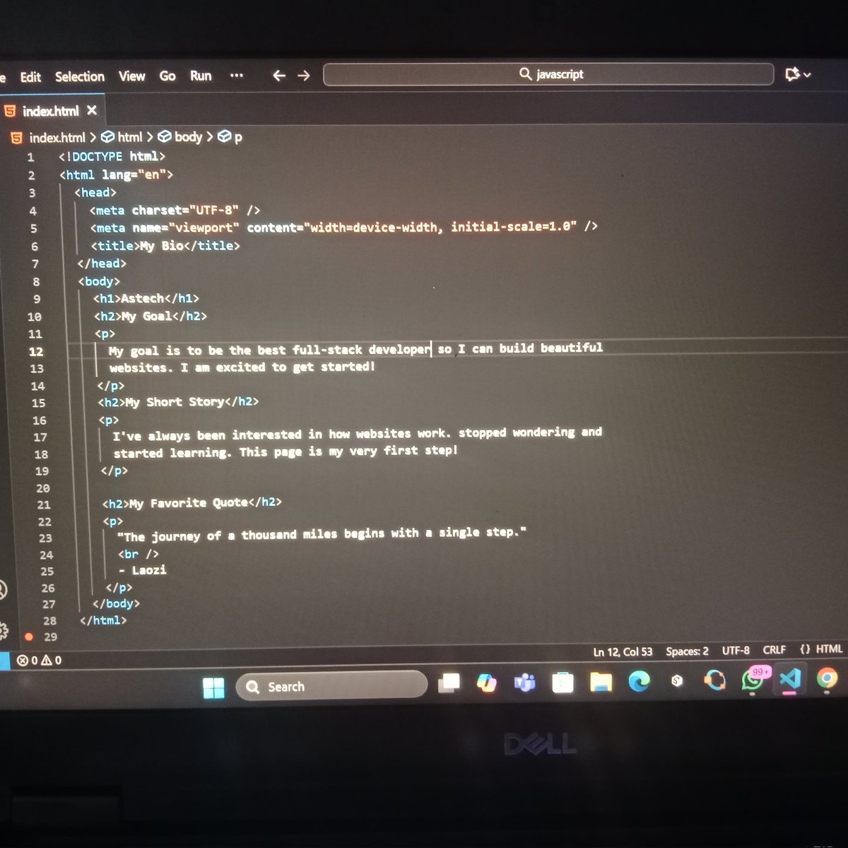 asteech_web3's tweet image. DAY 1 – HTML Skeleton &amp;amp; Structure

Focused on learning the basics first; &amp;lt;!DOCTYPE html&amp;gt;, &amp;lt;html&amp;gt;, &amp;lt;head&amp;gt;, &amp;lt;body&amp;gt;, headings, paragraphs, line breaks

 Learnt document flow, nesting, indentation, proper tag closing.

Built my first web page;  “My Bio Page” with  name, goal, short…