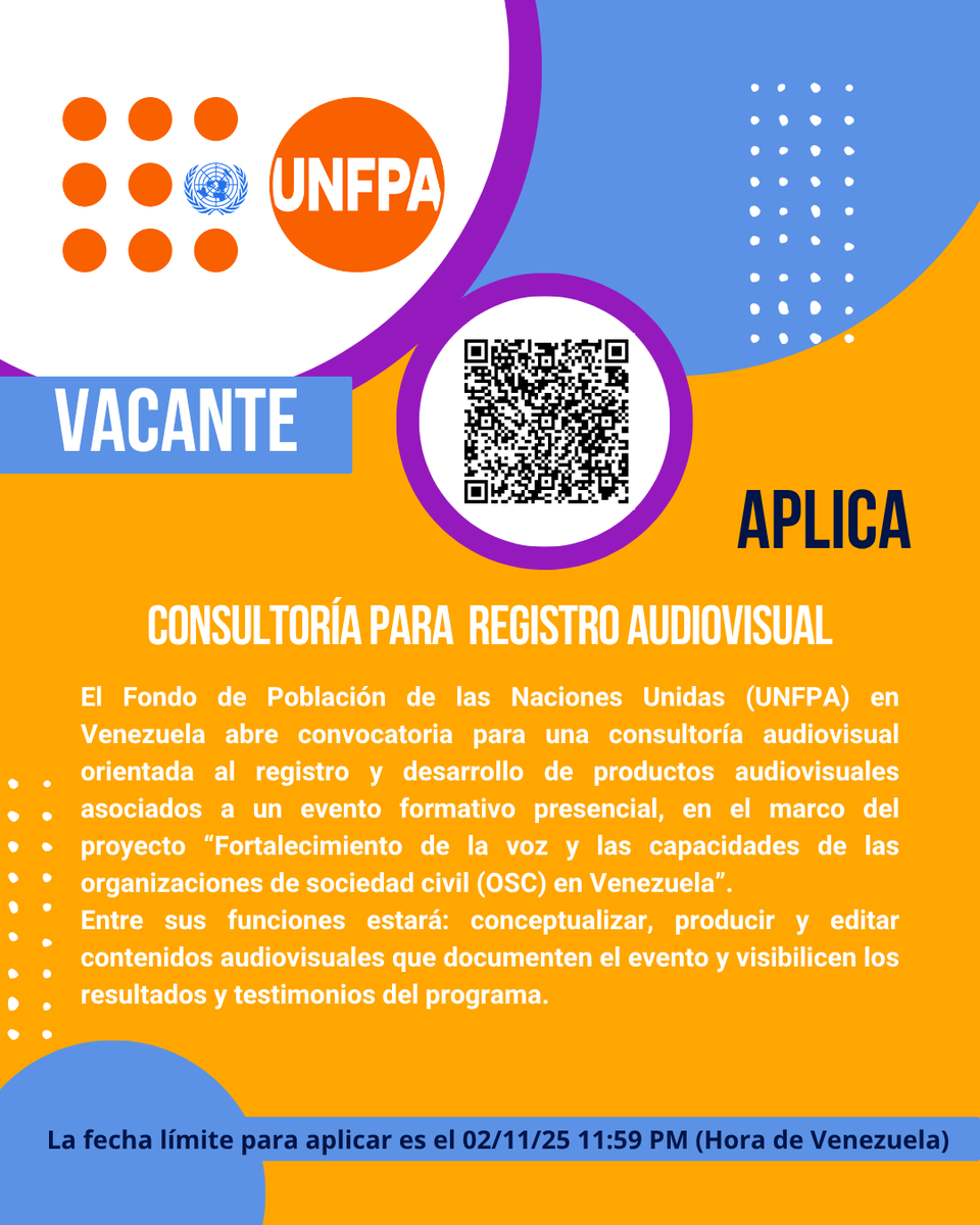 #VACANTE 🚨 Buscamos consultoría para desarrollo de productos audiovisuales asociados a un evento formativo. Proyecto: “Fortalecimiento de la voz de OSC en Venezuela”.

¿Cómo aplicar?

🔗 Revisa TDR y aplica aquí: unf.pa/47N8mnK

¡Fecha límite! 02-11-25 (medianoche Vzla)