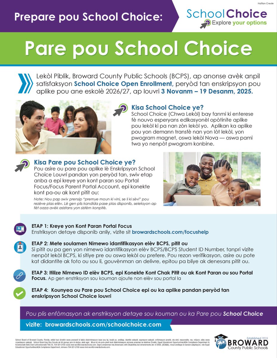 📣 Enskripsyon Louvri pou Chwa Lekòl BCPS pou ane lekòl 2026–2027 ap fèt 3 novanm rive 19 desanm!
#ParePouChwaOu #ChwaziBCPS