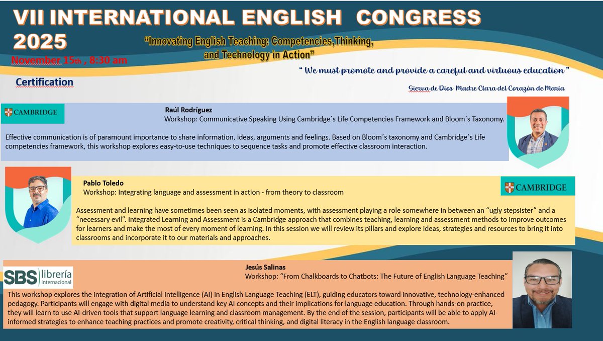 MCabrejod's tweet photo. VII INTERNATIONAL ENGLISH  
CONGRESS 2025 " Innovando la Enseñanza del Inglés: 

LINK DE INSCRIPCIÓN: https://t.co/byk4WwEhTv

DATE: November, Saturday 15th 
HOUR:  8:30 am https://t.co/XD41NNkeSc