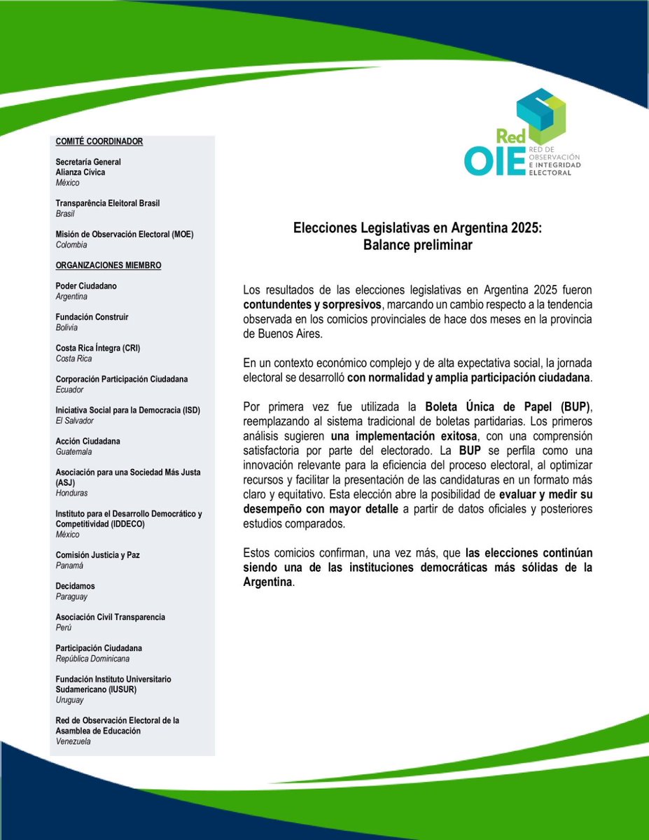 Elecciones Legislativas Argentina 2025🇦🇷 🗳️ 

#RedOIE #ElectoralIntegrity #IntegridadeEleitoral #Democracy #Democracia #CivicParticipation #ParticipaciónCiudadana #ParticipaçãoCidadã #DemocraticProcesses #ProcesosDemocráticos #Elections #Elecciones #Eleições #Argentina2025