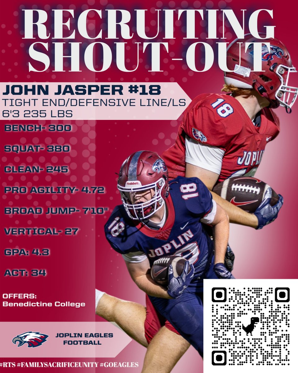 Recruiting shout out for John Jasper (<a href="/johnjasper2211/">John Jasper</a>)! Career - 
At DL, he's had 41 tackles, 8 TFL's, 3.5 Sacks &amp; 2 forced fumbles. 
Has added 22 career catches for 234 yards and a TD at tight end.  
2 year starter at LS. 
4.3 GPA &amp; 34 ACT score.