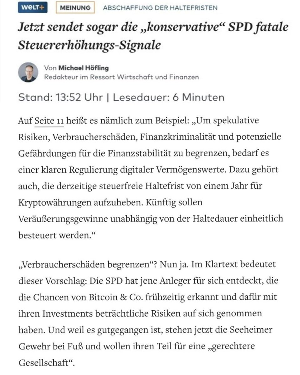 Michael Höfling (<a href="/courtisan/">Michael Höfling 🇮🇱🎗️</a>) hat für die <a href="/welt/">WELT</a> einen starken Meinungsbeitrag zum Strategiepapier des „Seeheimer Kreises“ geschrieben, in dem die Abschaffung der steuerfreien Haltefrist für Bitcoin- &amp; Krypto-Gewinne gefordert wird. 👏

👉 welt.de/wirtschaft/plu…
