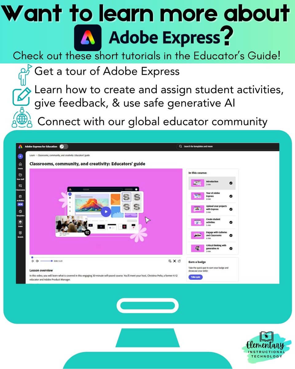 kisdelemtech's tweet image. #TechTipTuesday: Check out the Adobe Express Educator’s Guide for quick tutorials that help teachers spark engagement and enhance lessons with creative digital designs. In just minutes, educators can learn new creative tools to transform classroom projects 💡🎨💻 #KISDelemtech