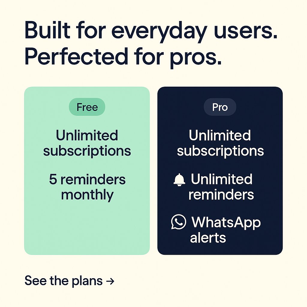renwize's tweet image. We’ve upgraded the Free plan 🎉
Now you can track unlimited subscriptions and get 5 free reminders every month.
Renwize Pro still gives you unlimited reminders + WhatsApp alerts 💬
Clarity just got simpler.

#Renwize #PricingUpdate