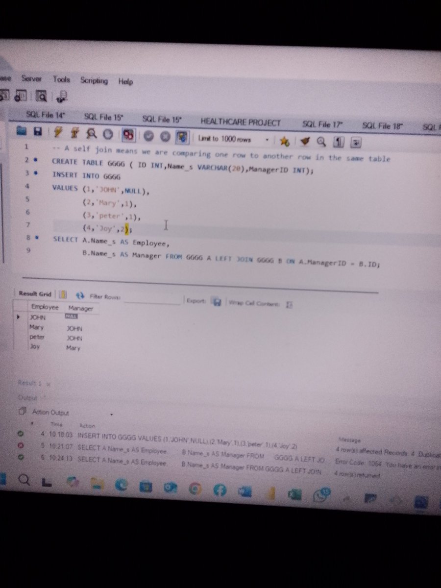 Etty_official's tweet image. Day 33 of SQL Learning
Today I explored Self Joins— a concept where a table is joined to itself.
It’s useful when comparing rows in the same table, like finding matching related records
#SQL #DataAnalytics #100DaysOfSQL #LearningInPublic