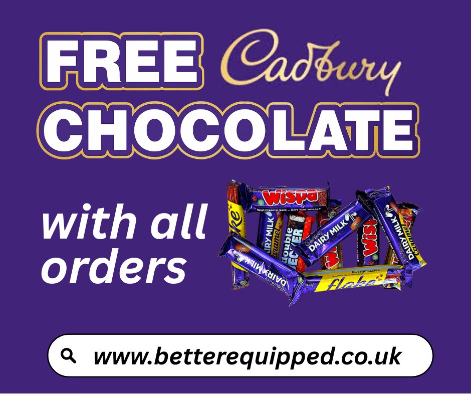 Free Cadbury Chocolate Bar with Every Order
Don't forget there's a FREE full size Cadbury chocolate bar with every order you place! It’s our way of saying thank you very much for choosing to place your order with us.
Look out for this extra goodie when unpacking your order.