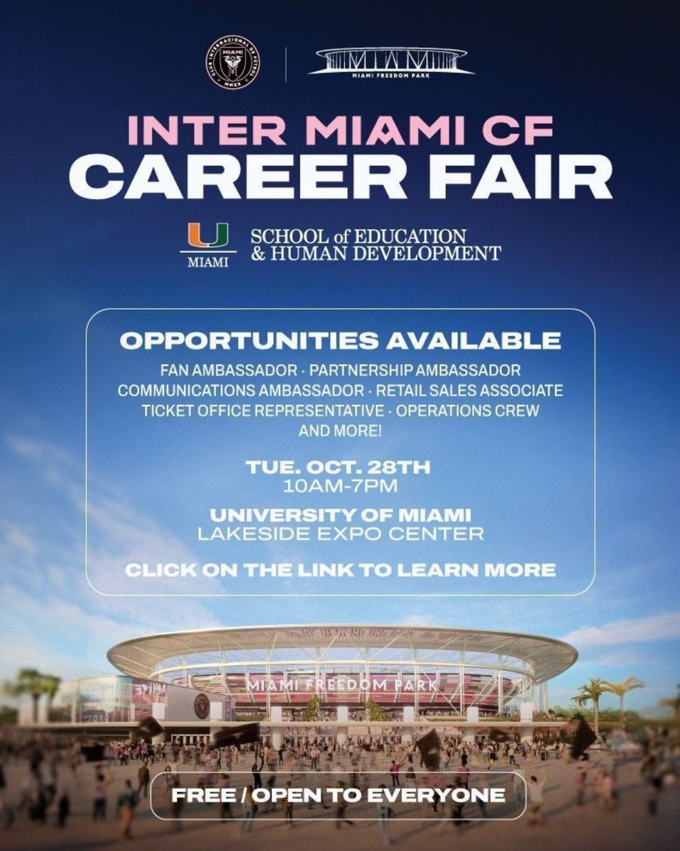 Happening today! ⚽️ Inter Miami CF joins us at the Lakeside Village Expo Center for the Career Fair. Stop by to meet the team and explore career paths in sports!
#UMiami #SEHD #SportAdministration #InterMiamiCF