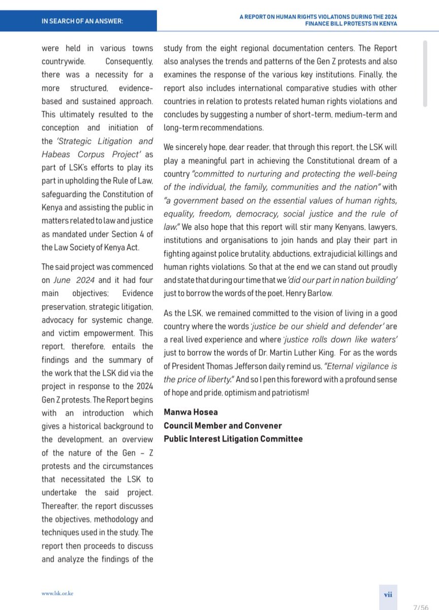 The <a href="/LawSocietyofKe/">Law Society of Kenya</a> Report on Human Rights Violation during the 2024 Financial Bill Protests in Kenya is out. We hope to quickly act on the recommendations. I wish to thank the PIL Committee Members,  Advocates, and paralegals who volunteered across the LSK branches Countrywide
