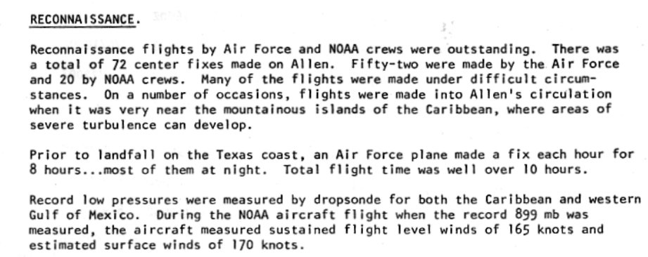 Reading the report of Allen from 1980 makes me wonder how they got to that 165kt surface wind value? #Melissa, and many other storms have had higher FL winds than the 160kt described here. For #Melissa we have SFMR indicators up to 180kt so what should the NOAA do?