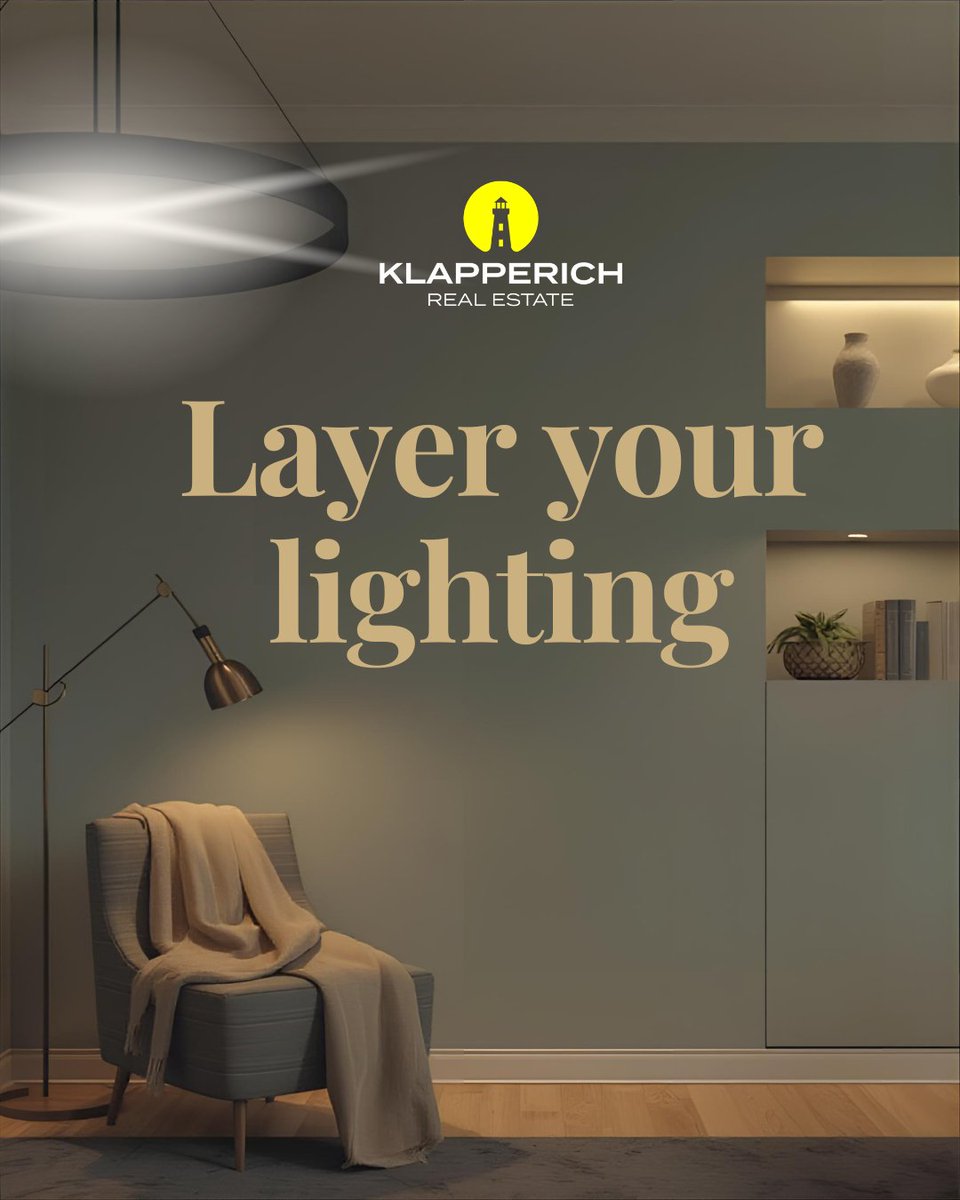 Klapperich_RE's tweet image. #DesignTip: Layer your #lighting. Combine ambient (overhead), task (focused), and accent (decorative) lighting to create depth and mood in a room. This approach makes spaces feel more dynamic and functional, especially when paired with dimmers for flexibility.