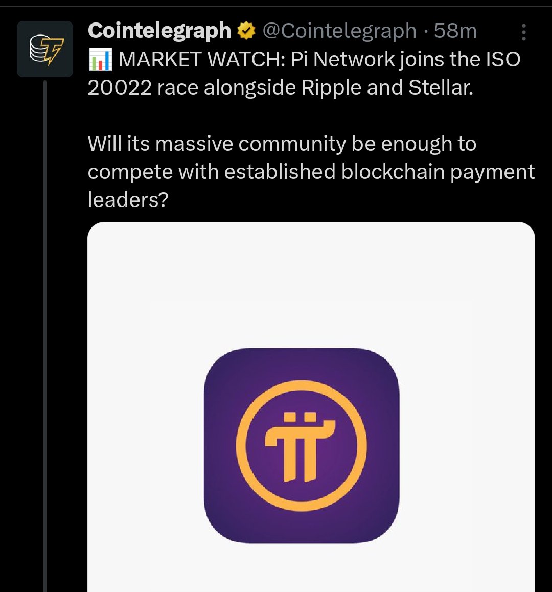 PiNetwork24X7's tweet photo. 🚨🚨🚨 Pi Network joins the ISO 20022 race alongside Ripple and Stellar.

GO GO GO 🚀 https://t.co/fgWUc0HaCX