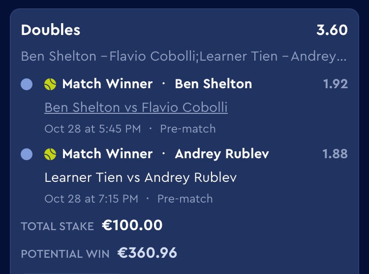 BakoPronos's tweet photo. #OpenDeParis 

🇺🇸 Victoire Ben Shelton • 1,92 | 2%
🇷🇺 Victoire Andrey Rublev • 1,88 | 1,5%

📊 Cote totale 3,60

Voilà mes avis sur les deux gros matchs de cet après-midi qui nous attendent.
Je tente le combiné qui est certes risqué, mais intéressant à prendre.

❤️ si tu suis ! https://t.co/afxflw4vKv