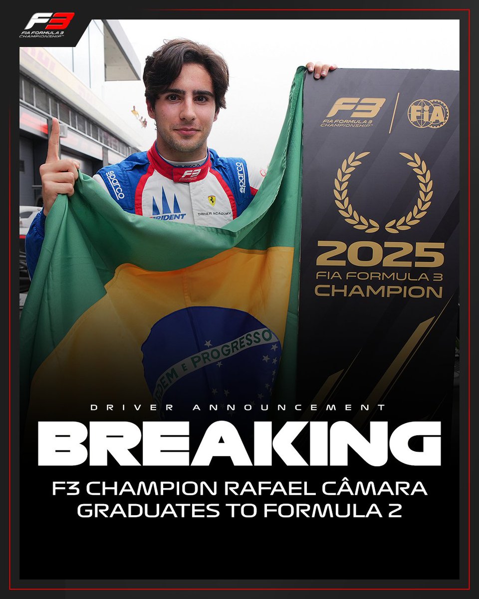 Formula3's tweet image. BREAKING: Rafael Câmara steps up to @Formula2! 🙌

The 2025 F3 champion will take his next steps on the #RoadToF1 with @InvictaRacing 👣

#F3