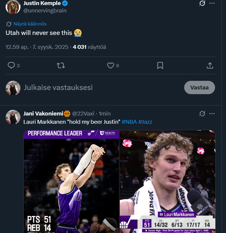 22Vaxi's tweet photo. EM-kisoissa Utahin fanit ja heitterit jaksoivat lausua mantraa "Utahissa emme näe kuitenkaan Laurilta näin kovia suorituksia". Siitäs saitte #NBAfi #NBA #UtahJazz #LauriLegend https://t.co/MxTTHaZHXT