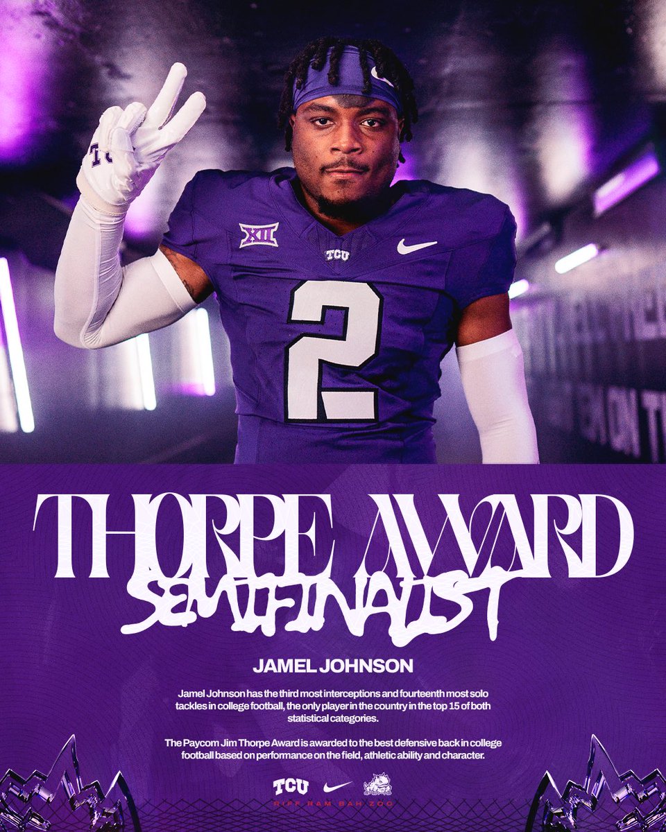 TCUFootball's tweet image. 🏆 Jamel Johnson has been named a semifinalist for the Jim Thorpe Award, awarded to the best defensive back in college football‼️

#GoFrogs 🐸 #ForTheWorthy