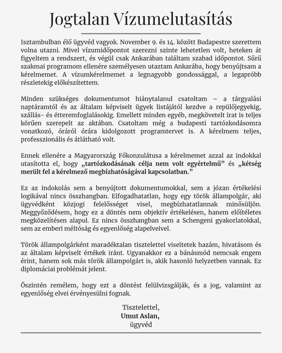 umutaaslan's tweet photo. Macaristan Konsolosluğu, vize başvurumu güvenilir bulunmadığım gerekçesiyle reddetti.

Bu karar, bireysel değil, diplomatik bir değerlendirme gerektiren bir konudur. Açıklamalarım ektedir.
@csernelhazi @TC_Disisleri @tcbestepe @EUDelegationTur @eu_eeas @FM_Szijjarto @MacaristanBE https://t.co/F2YrXzfiQS