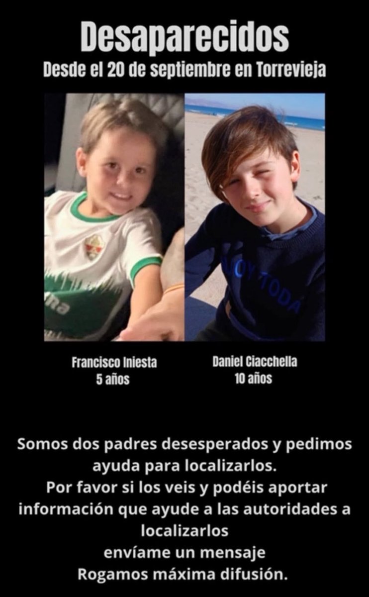 Comparto la foto de estos dos pequeños que han desaparecido en Torrevieja.

Se agradece difusión, gracias.