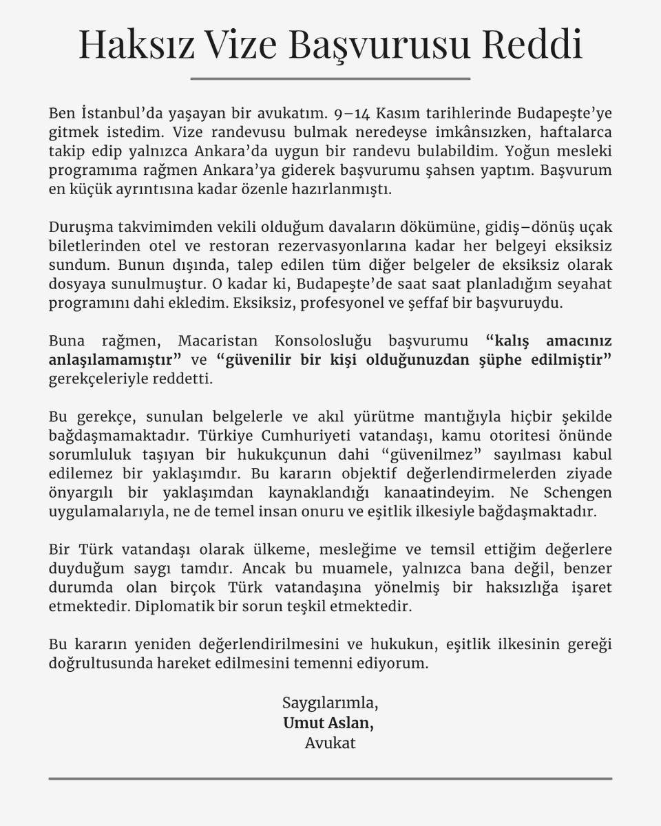 umutaaslan's tweet photo. Macaristan Konsolosluğu, vize başvurumu güvenilir bulunmadığım gerekçesiyle reddetti.

Bu karar, bireysel değil, diplomatik bir değerlendirme gerektiren bir konudur. Açıklamalarım ektedir.
@csernelhazi @TC_Disisleri @tcbestepe @EUDelegationTur @eu_eeas @FM_Szijjarto @MacaristanBE https://t.co/F2YrXzfiQS
