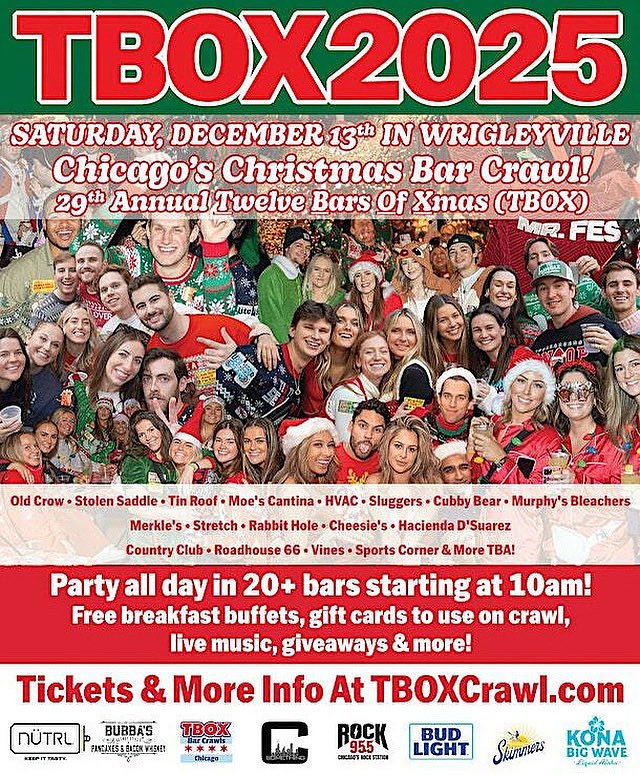 TBOXBarCrawls's tweet image. #TBOX2025 is less than 7 weeks away on Dec 13!  Get Best Ticket Deal NOW!  tbox.org

#TBOX is THE #Chicago #Christmas #BarCrawl - Dec 13 in 20+ Bars of #Wrigleyville - Free Breakfast Buffets, Live Music &amp;amp;More!
#chicagoevents #pubcrawl #christmasparty #12barsofxmas