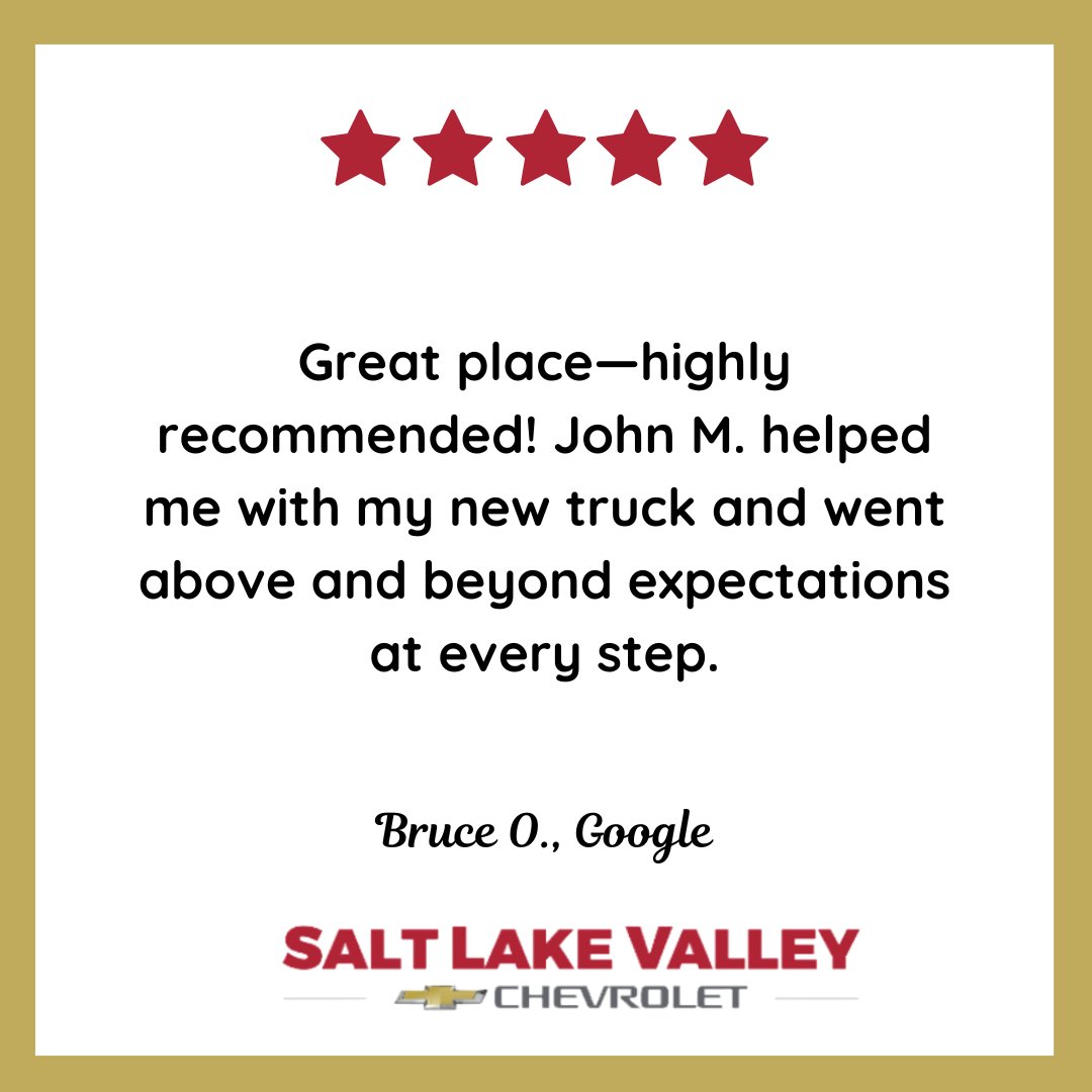SLVChevy's tweet image. Thank you, Bruce! We're thrilled to hear that John provided exceptional service while helping you with your new truck. At Salt Lake Valley Chevrolet, we strive to exceed expectations, and it's great to know we succeeded with you. We look forward to seeing you again soon!
