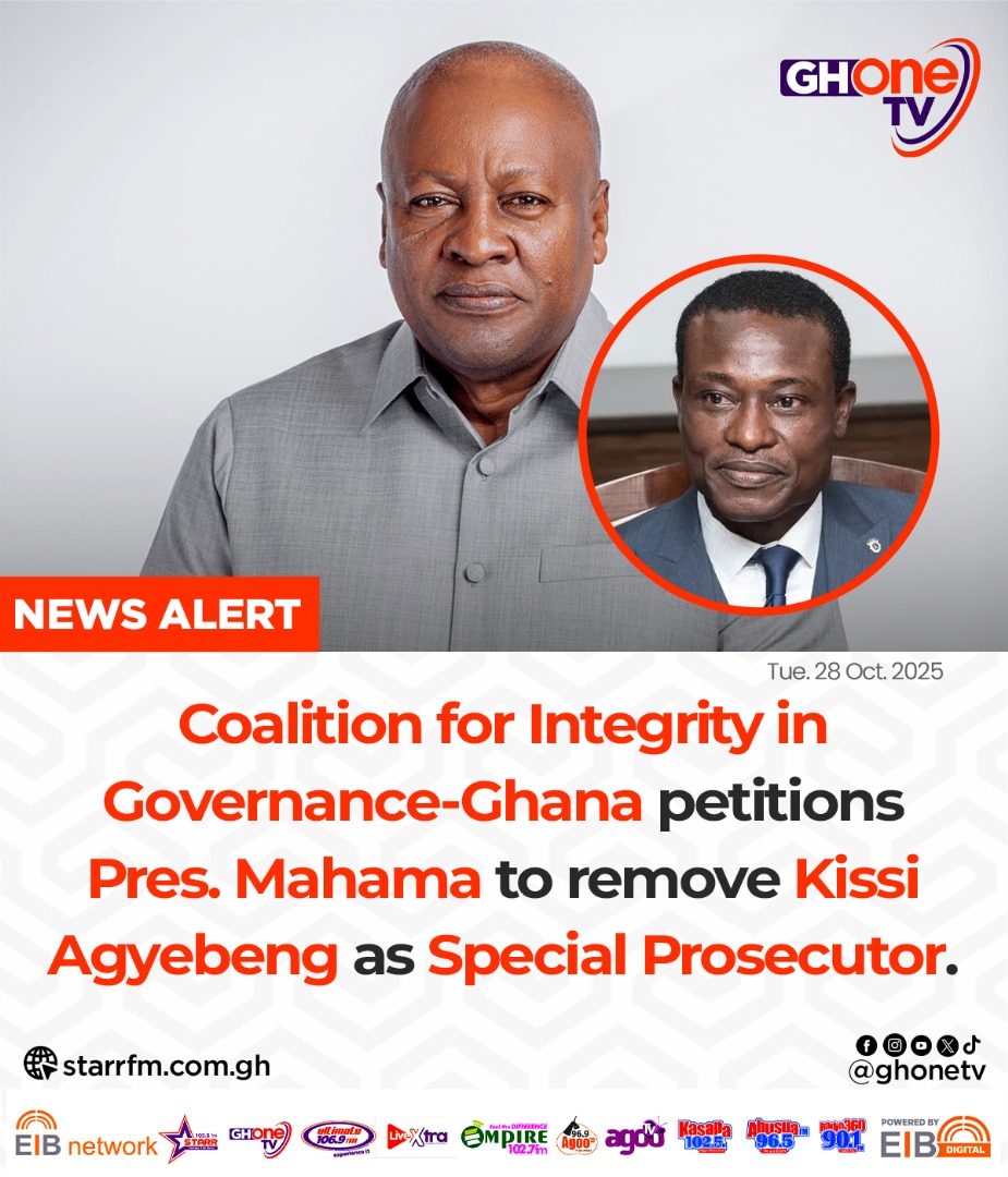 ghonetv's tweet image. Coalition for Integrity in Governance-Ghana petitions Pres. Mahama to remove Kissi Agyebeng as Special Prosecutor...

#GHOneNews #EIBNetwork 
#GHOneTV #NewsAlert