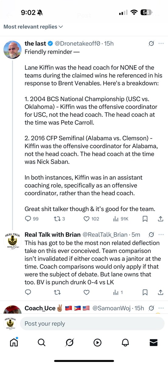 This is in reference to an interview of Lane Kiffen where the reporter told him Brett Venables claimed to have the better team in defeat when they lost by 8 at home to Ol’Miss.